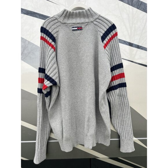 VINTAGE Y2K Tommy JEANS gray scripted logo mockneck ski sweater XL stripes - Picture 2 of 8
